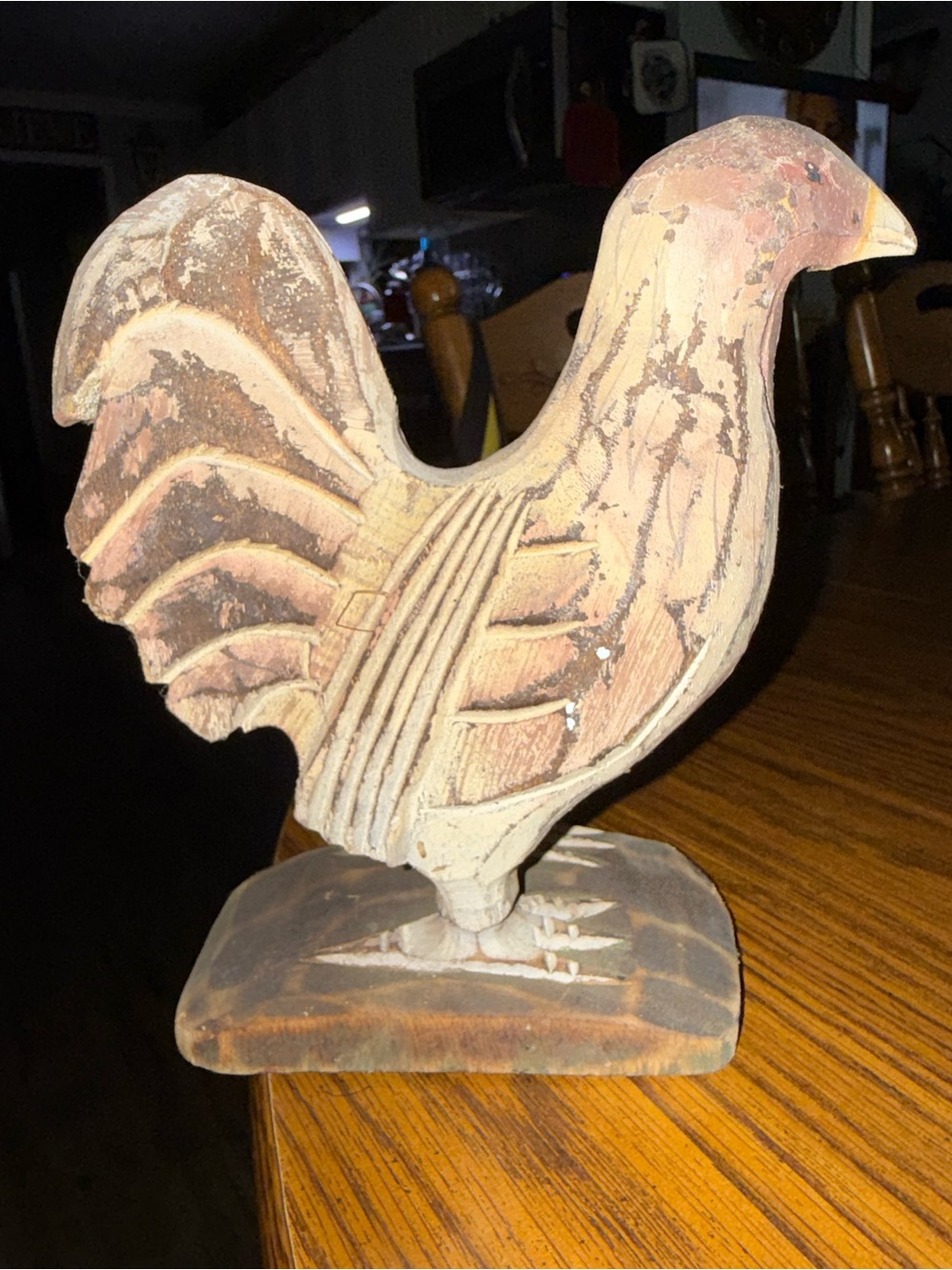 Distressed Wood Rooster Sculpture - Neutral Beige & Brown